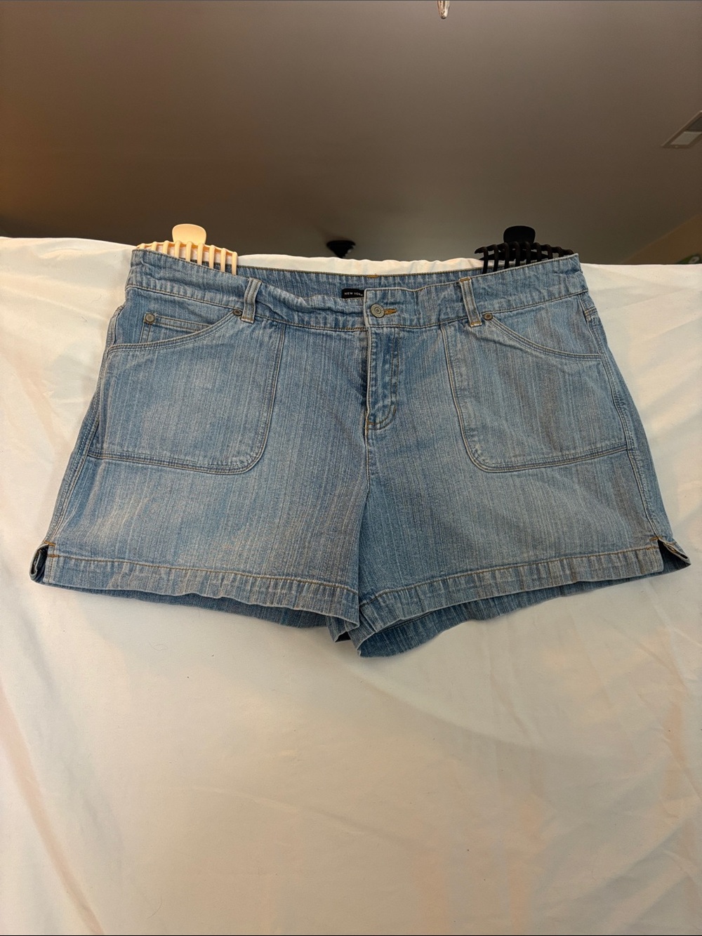 New York & Company Light Blue Denim Patch-Pocket Shorts